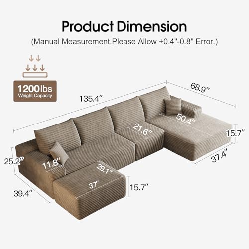 135.4" Comfy U-Shaped Sectional Modern Boneless Corduroy Couch with Chaise ‌and Ottoman‌ - No Assembly Required! Deep-Seat, Upholstered Modular Cloud Sofa for Living Room, Plush Corduroy Fabric