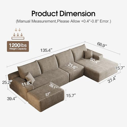 135.4" Comfy U-Shaped Sectional Modern Boneless Corduroy Couch with Chaise ‌and Ottoman‌ - No Assembly Required! Deep-Seat, Upholstered Modular Cloud Sofa for Living Room, Plush Corduroy Fabric