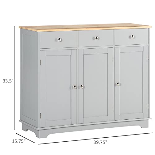 Sideboard Buffet Cabinet with Solid Wood Countertop, Modern Kitchen Storage Cabinet, Coffee Bar Cabinet with 3 Drawers, Doors and Adjustable Shelf, Gray