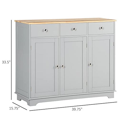 Sideboard Buffet Cabinet with Solid Wood Countertop, Modern Kitchen Storage Cabinet, Coffee Bar Cabinet with 3 Drawers, Doors and Adjustable Shelf, Gray