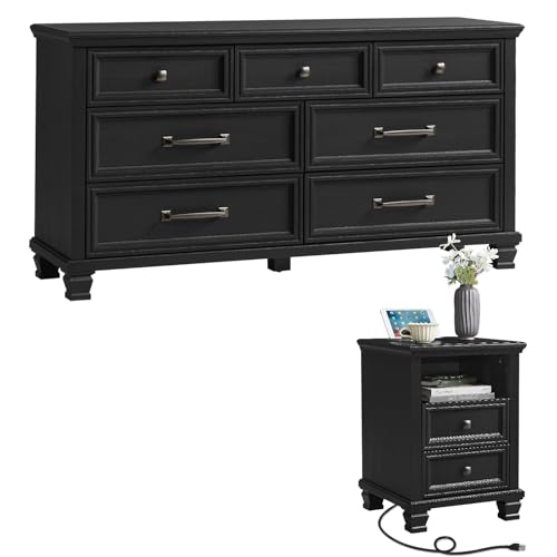 Farmhouse Dresser and Nightstand Sets 2 Piece, 7 Drawer Dresser & 2 Drawer Nightstand Set, Rustic Wood Bedroom Furniture Set for Home, Bedroom, Hallway, Black