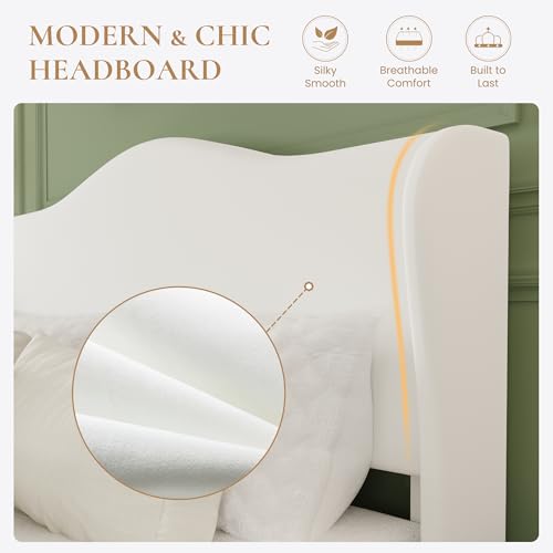 Queen Size Bed Frame with Curved Wingback Headboard,Soft White, view 5