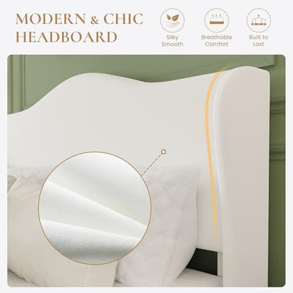 Queen Size Bed Frame with Curved Wingback Headboard,Soft White, view 5