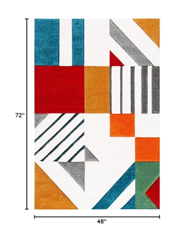 SAFAVIEH Hollywood Collection Accent Rug - 4' x 6', Ivory & Peacock Blue, Mid-Century Modern Design, Non-Shedding & Easy Care, Ideal for High Traffic Areas in Entryway, Living Room, Bedroom (HLW709B)