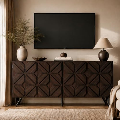 63" Solid Wood Buffet Cabinet with Geometric Doors, Dark Walnut, view 8