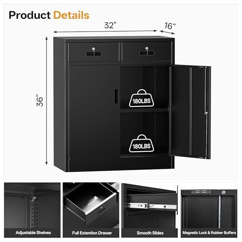 Metal Storage Cabinet, 36 Inch Tall Locking Cabinet with 2 Doors and 2 Drawers, Metal Cabinets with Adjustable Shelf, Garage Cabinets for Garage, Warehouse, Classroom, Home Office, Black