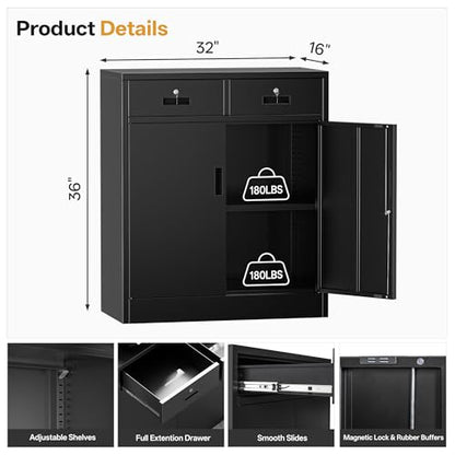 Metal Storage Cabinet, 36 Inch Tall Locking Cabinet with 2 Doors and 2 Drawers, Metal Cabinets with Adjustable Shelf, Garage Cabinets for Garage, Warehouse, Classroom, Home Office, Black