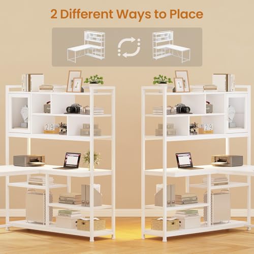 L Shaped Computer Desk, 58'' Office Desk with LED Light and Bookshelf, L Shaped Corner Desk with Storage Shelves for Home Office, Gaming Desk, L Desk, White