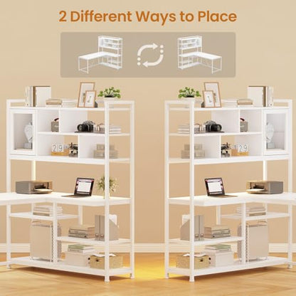 L Shaped Computer Desk, 58'' Office Desk with LED Light and Bookshelf, L Shaped Corner Desk with Storage Shelves for Home Office, Gaming Desk, L Desk, White