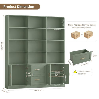 71" Tall Triple Wide Bookshelf with Storage Drawers & Doors, Green, view 4