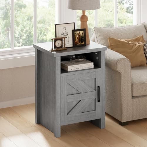 Farmhouse Nightstand, Modern Bedside Table with Barn Door and Shelf, view 2