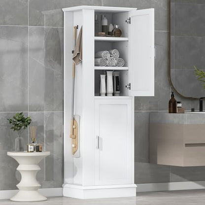 68 Inch Bathroom Storage Cabinet with Adjustable Shelves, White | White MDF, bathroom or utility room, side hook, 2-door cabinet, metal handles, anti-tip kit, 21 in W, 14 in D, 68 in H