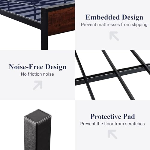 Queen Size Bed Frame, Heavy Duty 12 Metal Slats Support, Mahogany, view 7