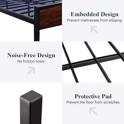 Queen Size Bed Frame, Heavy Duty 12 Metal Slats Support, Mahogany, view 7