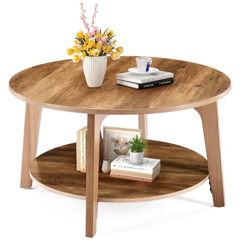 Round Coffee Table, 32'' Wood Coffee Tables for Living Room with Storage, 2-Tier Center Circle Counter with Wooded Desktop, 50 lbs Capacity, Anti-Slip Feet, Modern Farmhouse Design, Brown