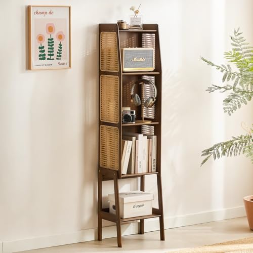 Bamboo Rattan Bookcase with Cabinet, 3-Tier Storage Shelf with Side Table & End Table Function, Large Modern Wood Organizer for Living Room or Bedroom, Walnut Bookshelf