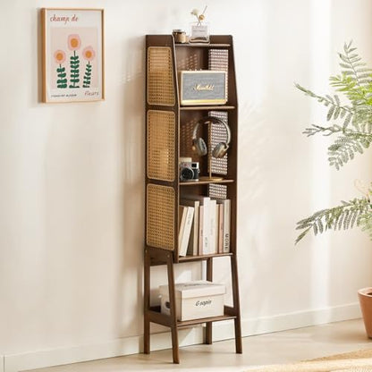 Bamboo Rattan Bookcase with Cabinet, 3-Tier Storage Shelf with Side Table & End Table Function, Large Modern Wood Organizer for Living Room or Bedroom, Walnut Bookshelf