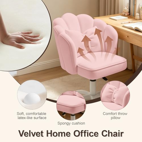 Petal Desk Chair with Bow Cushion Velvet Vanity Chair with Wheels, Upholstered Home Office Chair for Girls Women, Mid-Back Swivel Computer Task Chairs for Living Room Bedroom, Light Pink