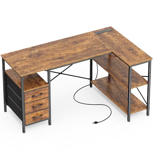 L Shaped Office Desk with Power Outlets & 3 Drawers, view 2