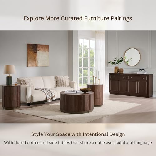 33" Round Coffee Table with Storage, Natural Walnut | Fluted Drum Coffee Table, Hidden Push-to-Open Drawer