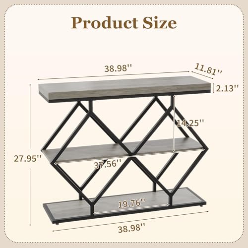 3 Tier Console Table with Open Wood Shelves,39" Industrial Entryway Table,Sofa Table,Narrow Wood Accent Tables with Metal Frame for Hallway,Living Room,Behind Couch,Foyer,Entrance,Gray