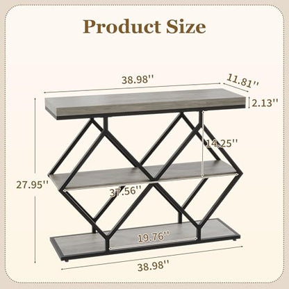 3 Tier Console Table with Open Wood Shelves,39" Industrial Entryway Table,Sofa Table,Narrow Wood Accent Tables with Metal Frame for Hallway,Living Room,Behind Couch,Foyer,Entrance,Gray
