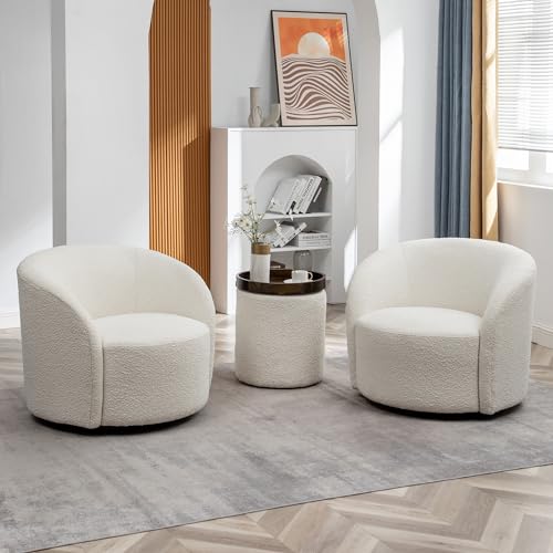 34" W Swivel Barrel Chair Set of 2, Mid Century Modern Round Upholstered Boucle Swivel Accent Chairs, No Assembly Sofa Chair for Living Room Bedroom Reading, Cream