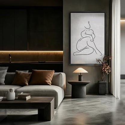 Seated Human Figure Line Drawing Wall Art Canvas Print, minimal figurative line art artwork in black line on white for bedroom, bedroom, office, apartment, modern farmhouse(24x36Inch,Black Framed