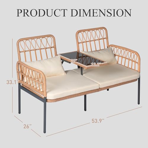 ROHIKER Outdoor Patio Loveseat Rattan Loveseat 2-Seat Furniture with Built-in Table, Lumbar Pillows and Cushions, All-Weather Small Patio Couch for Balcony, Lawn, Backyard