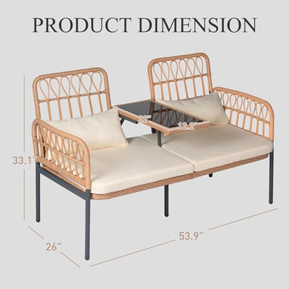 ROHIKER Outdoor Patio Loveseat Rattan Loveseat 2-Seat Furniture with Built-in Table, Lumbar Pillows and Cushions, All-Weather Small Patio Couch for Balcony, Lawn, Backyard