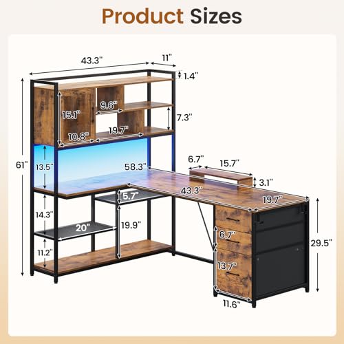 58'' L Shaped Computer Office Desk with 3 Drawers and Bookshelf, view 6