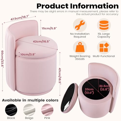 Vanity Chair with Storage, 360° Swivel Velvet Makeup Stool with Wave Backrest, Modern Round Upholstered Closet Stool, No Assembly for Bedroom, Dressing Room & Living Room, Pink