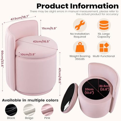 Vanity Chair with Storage, 360° Swivel Velvet Makeup Stool with Wave Backrest, Modern Round Upholstered Closet Stool, No Assembly for Bedroom, Dressing Room & Living Room, Pink