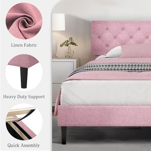 King Size Bed Frame, Linen Fabric Upholstered Bed Frame King Size with Headboard, Wood Slats Support, Button Tufted Design, No Box Spring Needed, Pink