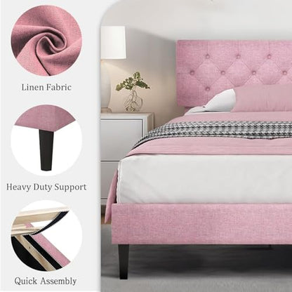 King Size Bed Frame, Linen Fabric Upholstered Bed Frame King Size with Headboard, Wood Slats Support, Button Tufted Design, No Box Spring Needed, Pink