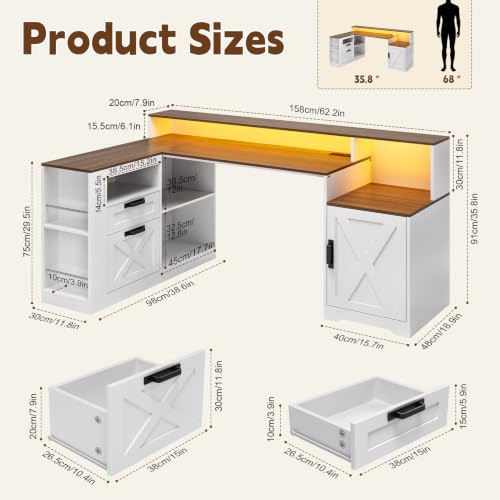 L Shaped Executive Desk with Drawers & Outlets, LED Lights, view 3