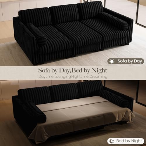 Plush Corduory Sectional Sleeper Sofa with Wide Deep Seat Modular Sectional Cloud Couches for Living Room. Black Couch