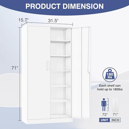 Metal Storage Cabinet with Lock,Tall White File Cabinet with 2 Doors and 5 Adjustable Shelves,Steel Storage Cabinets for Garage,Home Office,Pantry,School,Hospital