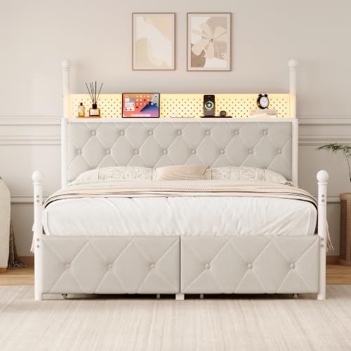 Queen Size Canopy Bed Frame with Charging Station and LED Lights, view 5