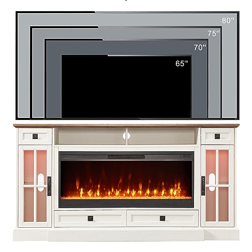 70" Farmhouse Fireplace TV Stand for 80 Inch TV, Antique White, view 7