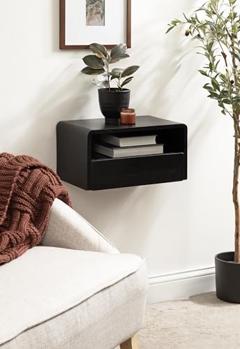 Kato Modern Wood Floating Side Table with Drawer, 18 x 10 x 9, Black, Contemporary Wooden Floating Nightstand for Bedroom Bedside Table