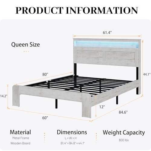 Queen Size Wooden Bed Frame with Headboard, Rustic Platform Bed Frame, view 3