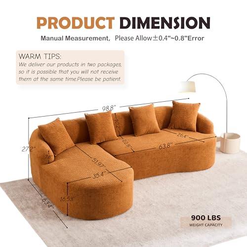 99" Curved Sectional Sofa with Chaise, Modern Luxury Chenille Cloud Couch for Living Room, Heavy Duty Oversized Deep Seat 3-Seater, 700lbs/Seat Weight Capacity, No Assembly, Orange