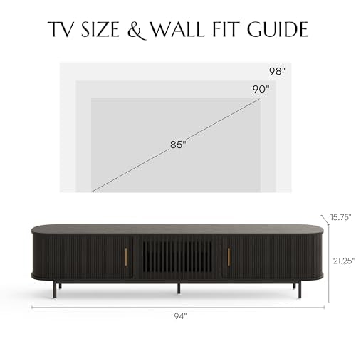 Fully-Assembled Mid Century Modern TV Stand for 75+ inch TV, Sliding Door Entertainment Center with Storage, Wood TV Console, Media Console for Living Room Bedroom(Black, 94.49")