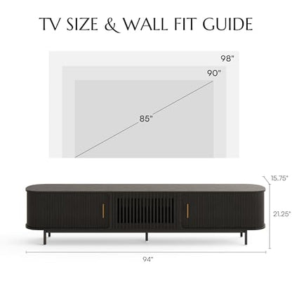 Fully-Assembled Mid Century Modern TV Stand for 75+ inch TV, Sliding Door Entertainment Center with Storage, Wood TV Console, Media Console for Living Room Bedroom(Black, 94.49")