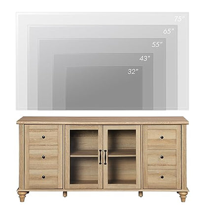 Farmhouse TV Stand for TVs Up to 65 inch, Wood TV Console Table with Storage Cabinets & Glass Door, Entertainment Center for 32-75 inch TV Console Cabinet, 58", Oak