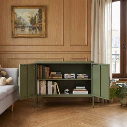 Green Metal TV Stand Cabinet, 2 Door Steel Storage Locker with Adjustable Shelf, view 4