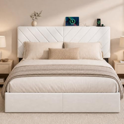 Queen Bed Frame with Adjustable Headboard, White Velvet Upholstered, view 2