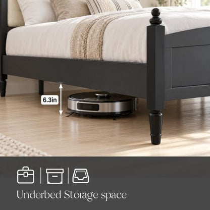 Queen Upholstered Platform Bed Frame with Tufted Headboard, Beige Black, view 8