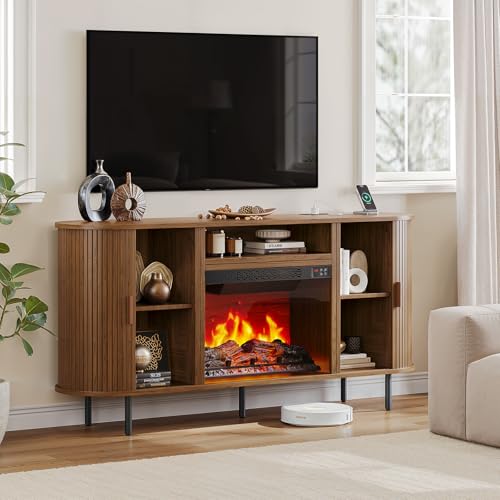 63" Fluted Fireplace TV Stand with Sliding Doors & Power Outlet, view 6